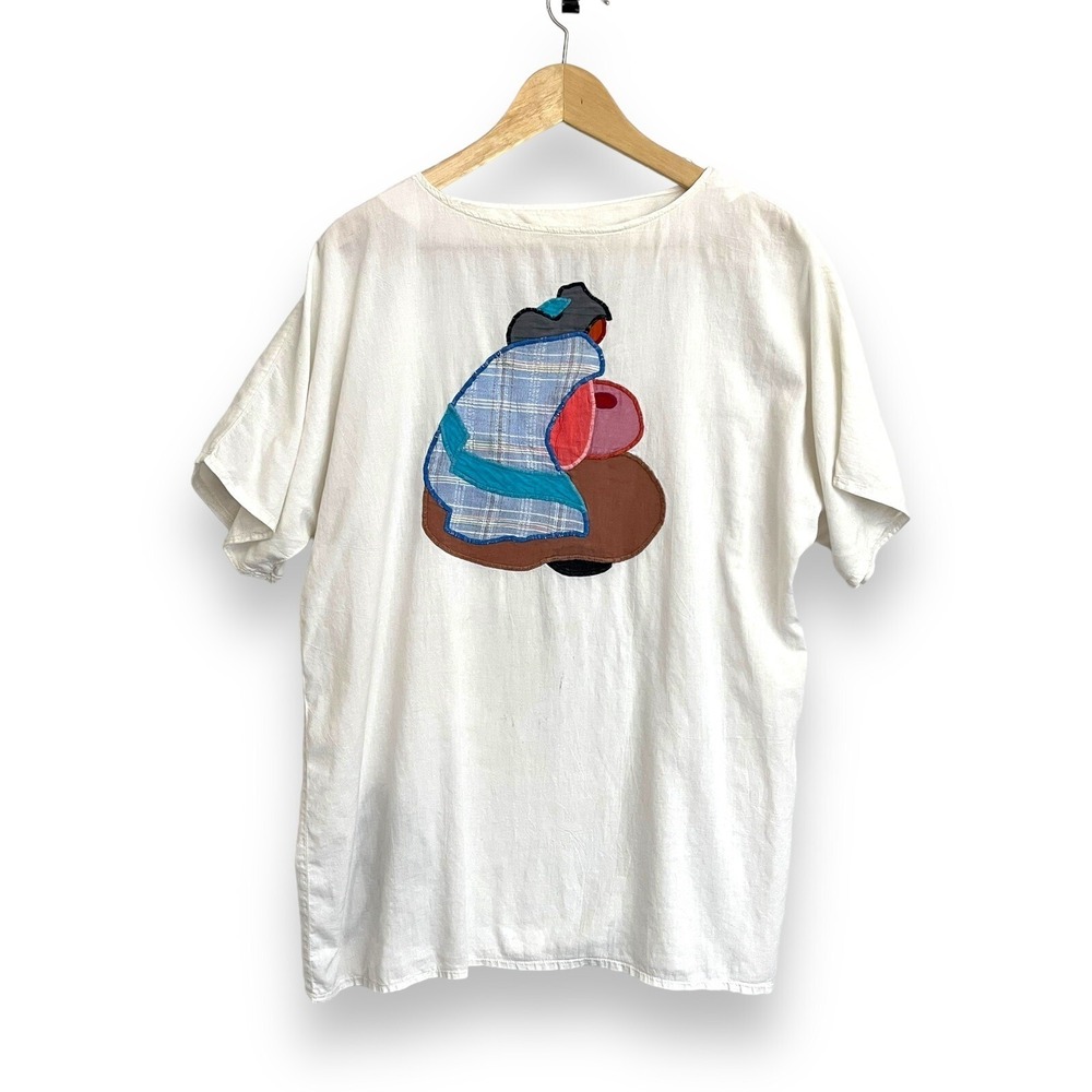 ALFREDO'S WIFE Vtg White Cotton Shirt Top Appliqué Native Women Art to Wear S